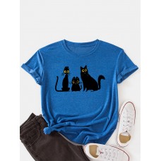 Women Cartoon Cat Print Round Neck Cute Short Sleeve T  Shirts