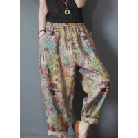 Loose Pockets Elastic Waist Print Linen Harem Pants Summer