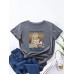 Cartoon Cat Letters Print O  neck Women Casual T  shirt