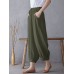 Solid Elastic Waist Drawstring Pocket Cotton Casual Pants