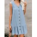 Cotton Solid Button Ruffle Sleeveless V Neck Casual Dress