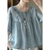 Plus Size Light Blue Grey Button Linen Tops Half Sleeve