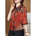 Vintage Red Mandarin Collar Print Silk Shirt Tops Half Sleeve