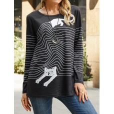 Women Striped Cartoon Cat Round Neck Casual Relaxed Fit Long Sleeve T  Shirt