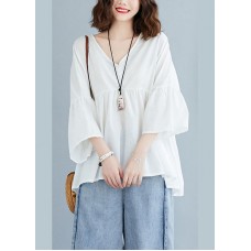 Plus Size White V Neck Patchwork Loose Fall Tops Half Sleeve