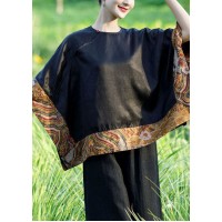 Loose Black O-Neck Asymmetrical Patchwork Silk Top Spring