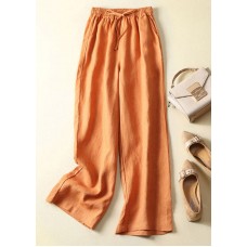 Stylish Orange Pockets elastic waist Drawstring Linen Wide Leg Pants Summer