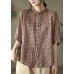 Coffee Linen Shirt Top Button Peter Pan Collar Half Sleeve