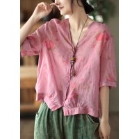 Italian Rose V Neck Print Button Linen Top Half Sleeve