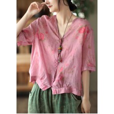 Italian Rose V Neck Print Button Linen Top Half Sleeve