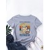 Cartoon Cat Letters Print O  neck Women Casual T  shirt