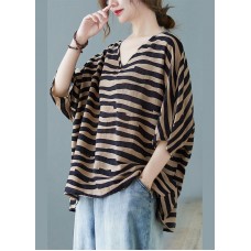 Fashion Khaki V Neck Bat wing Sleeve Striped Print Fall Blouses