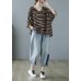 Fashion Khaki V Neck Bat wing Sleeve Striped Print Fall Blouses