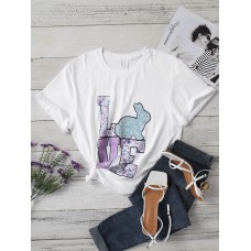 Bunny Letter Print Short Sleeve Plus Size Casual T  shirt