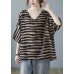 Fashion Khaki V Neck Bat wing Sleeve Striped Print Fall Blouses