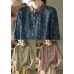 Coffee Linen Shirt Top Button Peter Pan Collar Half Sleeve