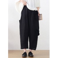 Plus Size Black High waist Pockets Linen Wide Leg Pants Summer