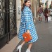 women blue white Plaid Wool Coat casual Notched long coat boutique pockets long coats