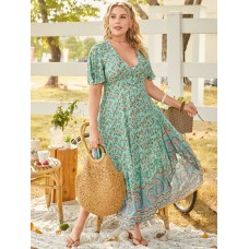 Plus Size V  neck Tribal Button Design Short Sleeves Maxi Dress