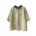 Stylish Khaki Patchwork Pullover Summer Linen Shirt Top Short Sleeve