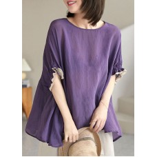 Plus Size Purple O-Neck Patchwork Ruffled Fall Shirt Half Sleeve