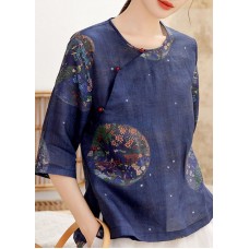 Vintage Tibetan Blue button O-Neck print Linen Shirt Tops Half Sleeve