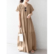 Solid Lettuce Edge V  neck Short Sleeve Swing Maxi Dress