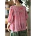 Italian Rose V Neck Print Button Linen Top Half Sleeve