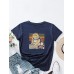 Cartoon Cat Letters Print O  neck Women Casual T  shirt