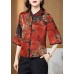 Vintage Red Mandarin Collar Print Silk Shirt Tops Half Sleeve